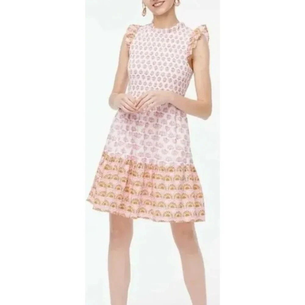 J Crew Women's Dress Small Pink Smocked Summer Ruffle Pockets 100% Cotton NWT